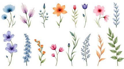 A beautifully illustrated collection of various flowers and foliage in soft pastel colors, showcasing nature's delicate beauty.