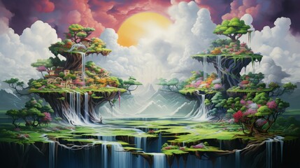 Sunset fantasy landscape with sky bridge and two islands