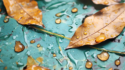 Dried leaves resting vibrant surface, adorned with glistening water droplets, create serene and refreshing atmosphere. interplay of colors and textures evokes sense of tranquility and nature
