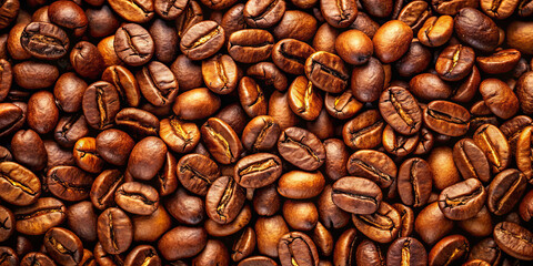 Naklejka premium Dark roasted coffee beans fill the frame, each with unique textures and colors. The beans are scattered over a wooden surface, highlighting their rich hues and subtle variations