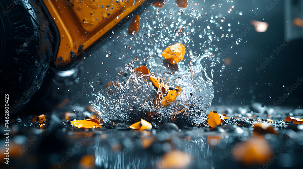 Poster dynamic action shot showcasing water splash and debris. suitable for advertising or artistic represe