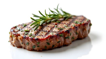 A beautifully grilled steak garnished with fresh rosemary, showcasing juicy texture and savory herbs.