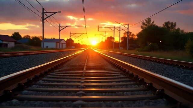 Sunset Train Tracks with a Distant Train
