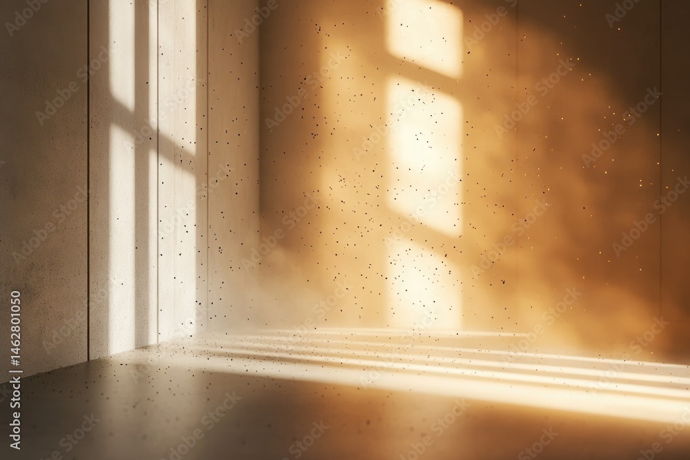 Poster sunlit corner in a minimalist room with textured walls and window shadows.