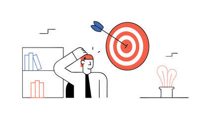 unclear target or blind business vision leadership failure or mistake aiming goal untrained or uneducated management concept confused businessman blindfold throwing dart 080525