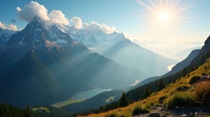 Obraz premium Breathtaking mountain landscape at sunrise, with golden rays illuminating the peaks and valleys, creating a serene atmosphere.