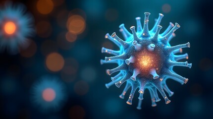 Obraz premium A detailed digital illustration of a virus, showcasing its structure with glowing blue and orange colors against a blurred background.