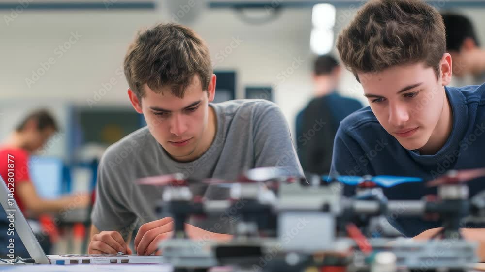 Poster Two young men work together on assembling a drone in a classroom environment. The students appear focused and are studying the technology on the desk. The background is bright.