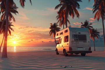 Camper van parked on sandy beach at sunset with palm trees