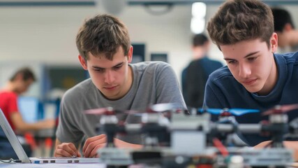 Two young men work together on assembling a drone in a classroom environment. The students appear focused and are studying the technology on the desk. The background is bright.