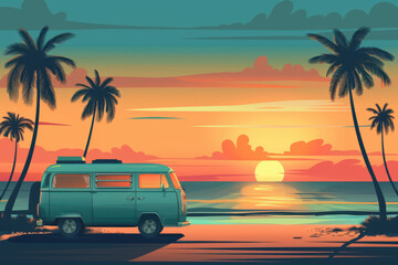 Vintage camper van enjoying tropical sunset on beach: summer vacation concept