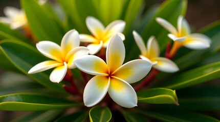 Obraz premium Close-up of delicate white and yellow plumeria flowers surrounded by lush green leaves.