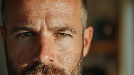 Obraz premium A man with a beard and glasses is looking at the camera