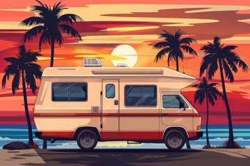 Camper van enjoying tropical sunset on beach during road trip vacation