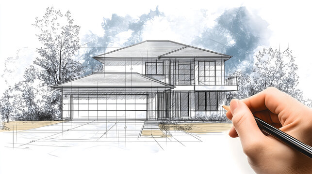 Un croquis d&eacute;taill&eacute; montre une maison moderne en construction, avec des lignes nettes et un environnement verdoyant. L'esquisse met en avant l'architecture contemporaine et le processus de conception.