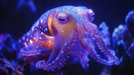 Obraz premium Glowing squid in aquarium, coral background