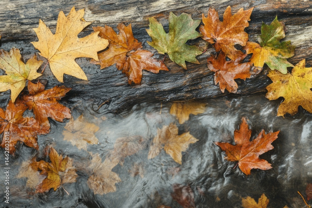 Poster autumn leaves rest on a log above a flowing stream, showcasing vibrant fall colors and textures.