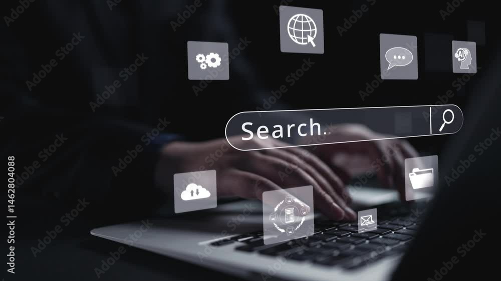 Poster business person conducts search engine research, extracting valuable data for strategic decisions. u