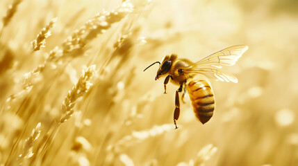 Une abeille vole entre les fleurs d'un champ en été, profitant du nectar sucré. La lumière du soleil crée une atmosphère chaleureuse et dorée.