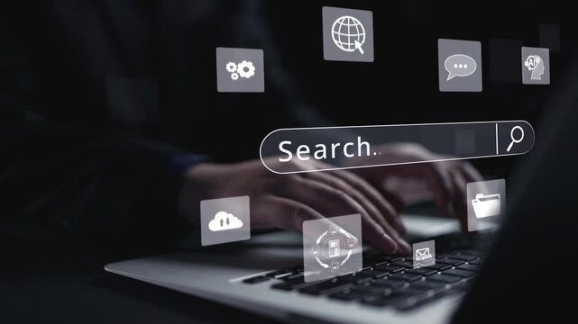 Business person conducts search engine research, extracting valuable data for strategic decisions. Utilizing search engines for comprehensive research and SEO data analysis. UUID