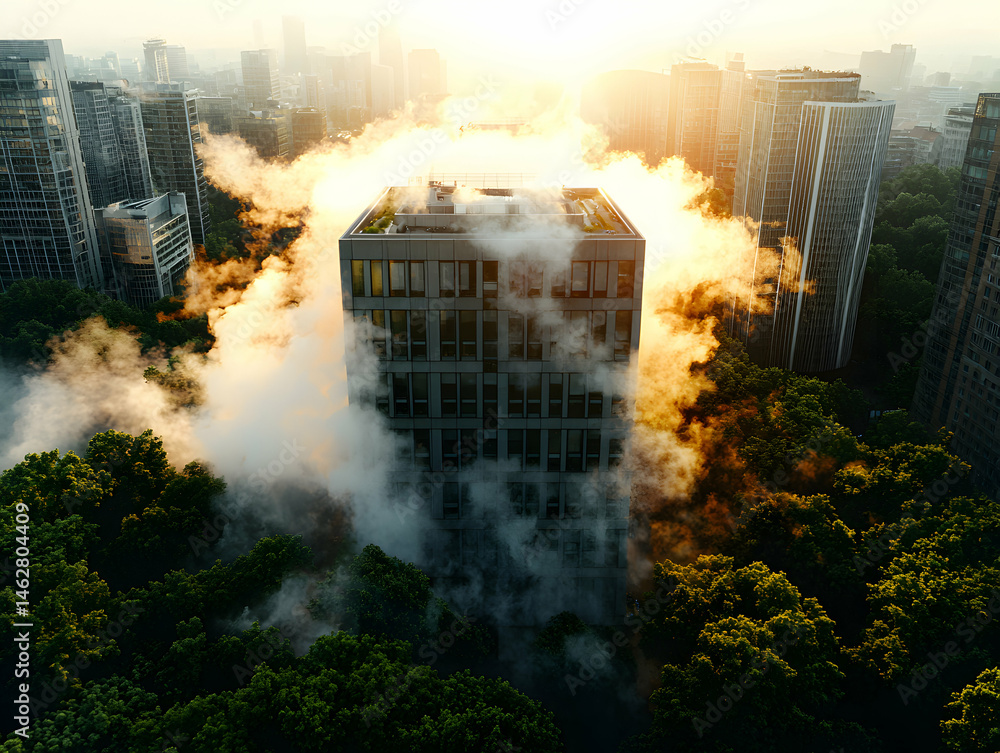 Poster an aerial view of a building in a cityscape surrounded by fog and sunlight. suggestion: use it as a 