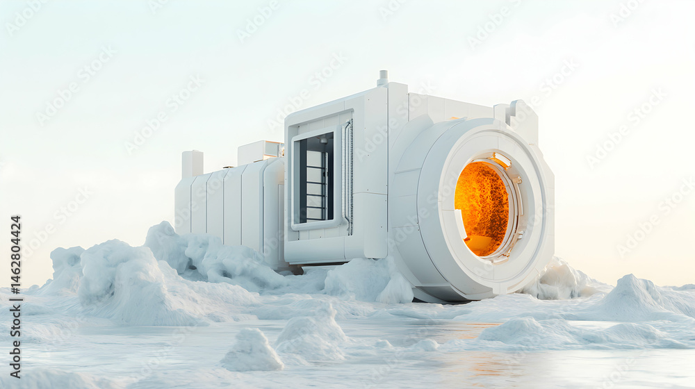 Poster this image depicts a futuristic structure resembling a camera lens set in a frozen landscape potenti