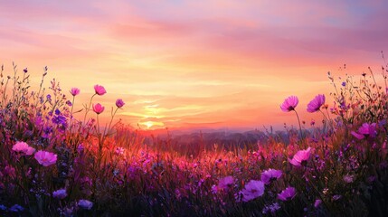 Obraz premium A field of flowers with a sunset in the background