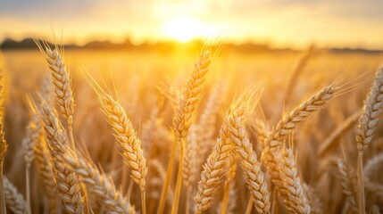 Fototapeta premium Golden wheat field at sunset, rural landscape