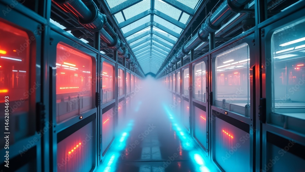 Poster hydroponic lab under alert protocol – visual for sustainability technology and security themes