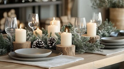 Festive dinner table spread with gourmet dishes, seasonal fruits, and decorative candles during a holiday celebration in a cozy dining room