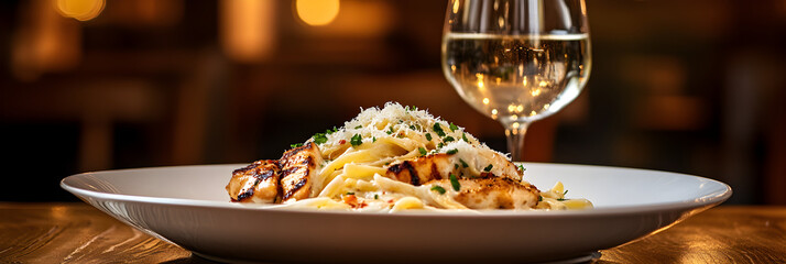 Savory Fettuccine Alfredo with Grilled Chicken: Indulgent Creamy Pasta Dish on Rustic Table, Paired with Refreshing White Wine for a Perfect Gourmet Delight