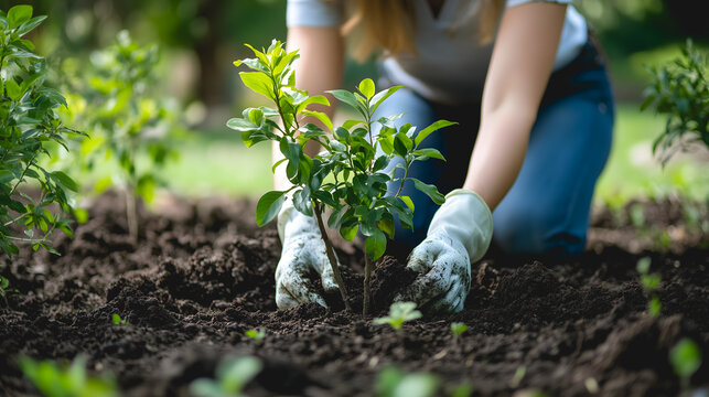 Une personne en gants blancs s'agenouille pour planter un arbuste dans un sol fertile. La sc&egrave;ne est entour&eacute;e de verdure, montrant un jardin bien entretenu.