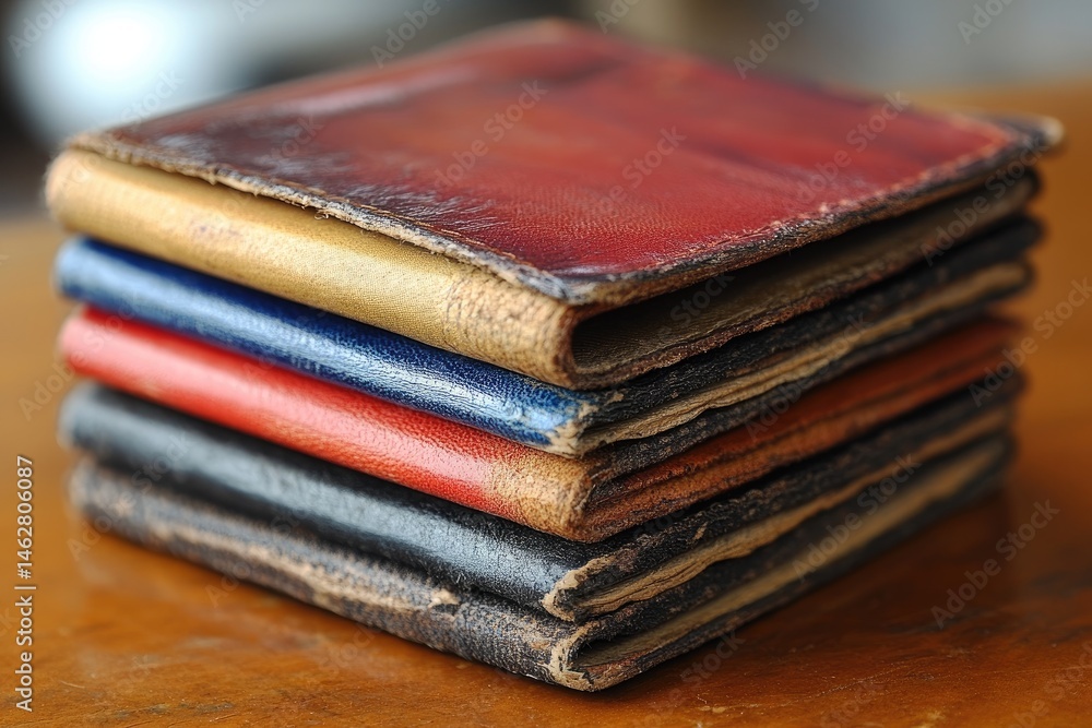 Poster a stack of colorful leather bound notebooks is displayed nicely