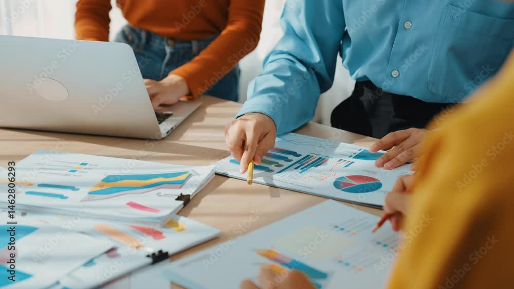 Poster startup company employee work together, analyze colorful bi dashboard paper with financial data repo