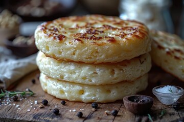 A Stack of Delicious Golden Crumpets with Accompanying Seasonings