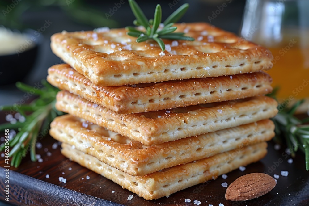 Poster a stack of square crackers with salt and garnish on wood