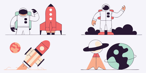 cartoon rocket launch, cartoon astronaut, cartoon satellite, cartoon planets, flat design, simple shapes, bold colors, minimalist style, vector illustration, 
