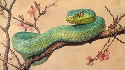 Fototapeta premium Green snake coiled on branch, pink blossoms, nature background