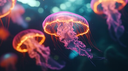 A deep underwater world where bioluminescent sea creatures, such as jellyfish and anglerfish, illuminate the dark ocean depths