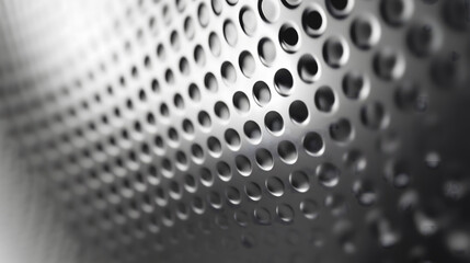Une surface en m&eacute;tal argent&eacute; pr&eacute;sente un motif de perforations circulaires, cr&eacute;ant un effet visuel captivant. Les reflets jouent sur les trous et la lumi&egrave;re.