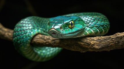 Fototapeta premium Green viper on branch, rainforest, night. Wildlife photography for nature documentaries