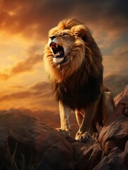 Majestic lion roaring on rocky outcropping