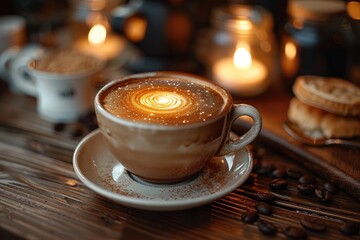 A steaming cup of coffee with a galaxy themed art