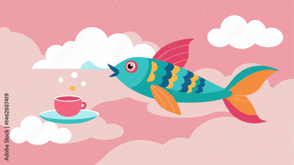 Poster magical encounter a colorful flying fish adorned with intricate patterns swims gracefully through a 