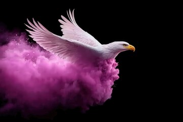 Obraz premium A majestic eagle with outstretched wings soars through vibrant pink smoke against a black background.