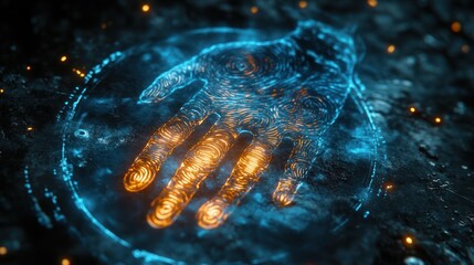 A glowing, digital hand rests on a textured surface.  Intricate lines and light trace the hand's form, emitting a vibrant energy