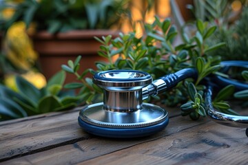 A stethoscope rests among green plants on a wood surface