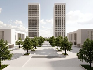 Obraz premium Modern twin high-rise buildings flank a tree-lined pedestrian plaza under a bright, partly cloudy sky.