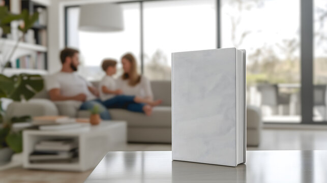 Un carnet blanc vierge est pos&eacute; sur une table en bois dans un salon lumineux.