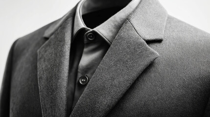 Classic menswear attire is displayed, featuring a gray suit jacket and shirt, emphasizing timeless elegance and attention to detail